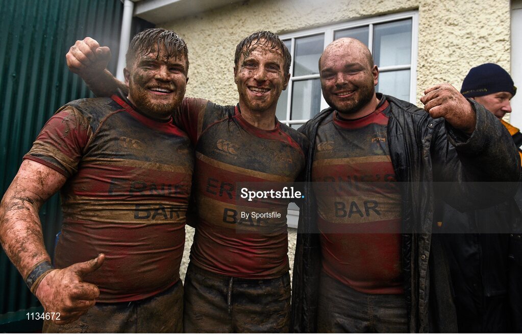 3 April 2016; Wicklow players, from left, Shane Farrar, Niall Earls, and Timmy Donovan, celebrate after the game. Bank of Ireland Provincial Towns Cup Semi-Final, Wicklow v Clondalkin. Co. Carlow Football Club, Oakpark, Carlow. Photo by Sportsfile
