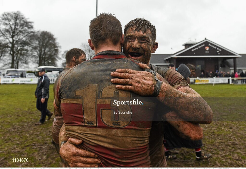 3 April 2016; Liam Gaffney, Wicklow, celebrates with team-mate Kieran Hurell, left, after the game. Bank of Ireland Provincial Towns Cup Semi-Final, Wicklow v Clondalkin. Co. Carlow Football Club, Oakpark, Carlow. Photo by Sportsfile