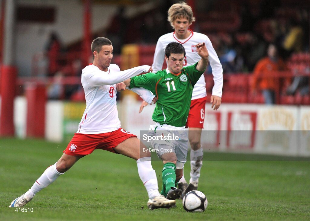 6 April 2010; Jimmy Keohane, Republic of Ireland, in action against Patrick Podrygala, Poland, left. U19 Friendly, Republic of Ireland v Poland, Tolka Park, Dublin. Picture credit: Barry Cregg / SPORTSFILE