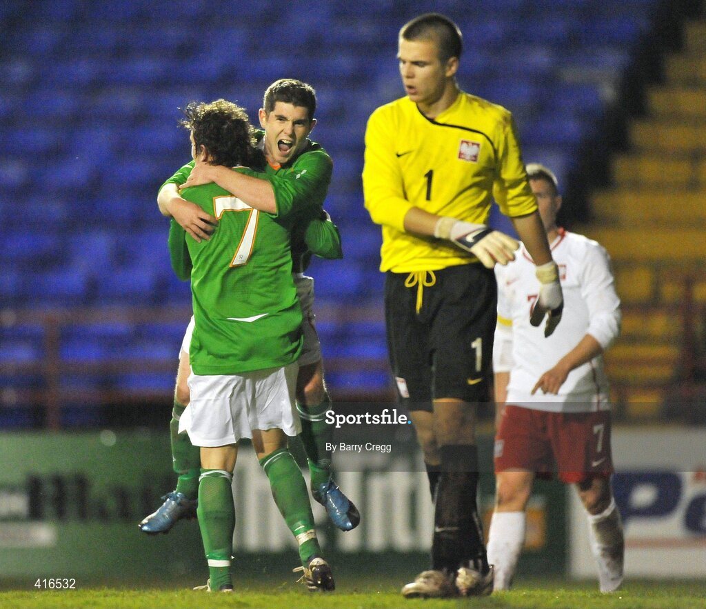 6 April 2010; Aaron Doran, Republic of Ireland, celebrates scoring a goal with team-mate Ronan Murray, left, as Filip Kurto, Poland, right, reacts. U19 Friendly, Republic of Ireland v Poland, Tolka Park, Dublin. Picture credit: Barry Cregg / SPORTSFILE
