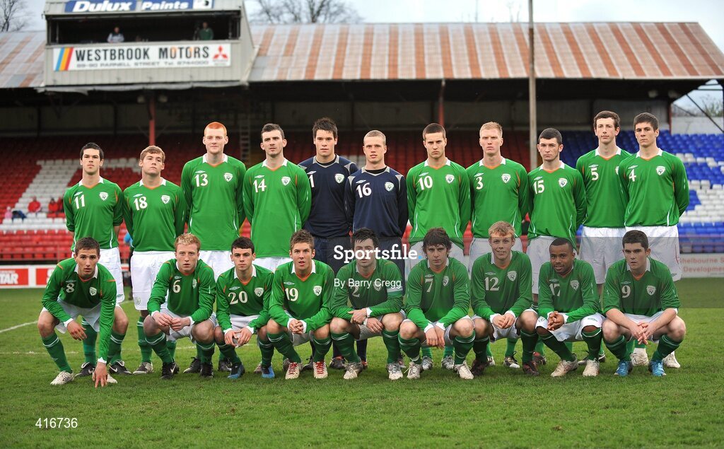 6 April 2010; The Republic of Ireland squad, back row, left to right, Jimmy Keohane, Padraic Ormsby, Cian Bolger, Gavin Gunning, Ian McLoughlin, Gerald Hanley, Conor Henderson, Shaun Timmins, Ryan Brennan, Shane McEleney, Rob Kiernan, front rown, left to right, Conor Hourihane, Thomas McBride, Gary Burke, Daniel Kearns, Richard Towell, Aaron Doran, Charlie Collins, Jamie Adam, Ronan Murray. U19 Friendly, Republic of Ireland v Poland, Tolka Park, Dublin. Picture credit: Barry Cregg / SPORTSFILE