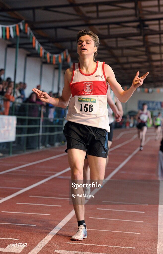 10 April 2010; Keith Fallon from Galway City Harriers AC crosses the finish line to win the U18 Boys 800m. Woodie's DIY Juvenile Indoor Championships, Nenagh Indoor Arena, Nenagh, Co. Tipperary. Picture credit: Pat Murphy / SPORTSFILE