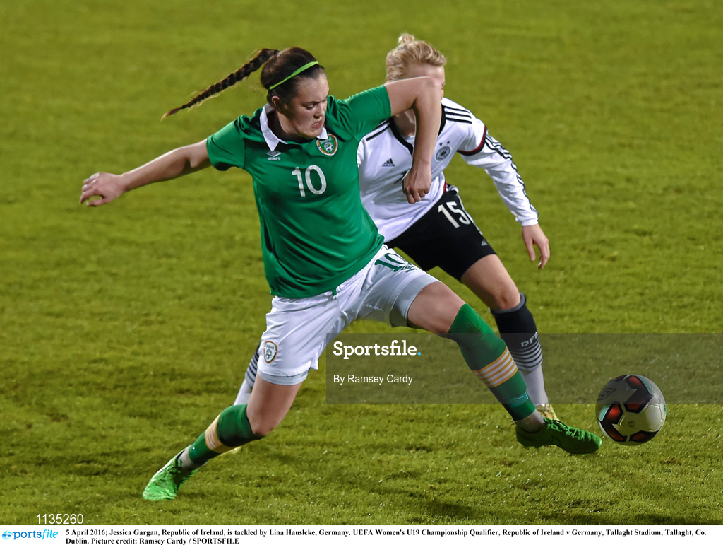 5 April 2016; Jessica Gargan, Republic of Ireland, is tackled by Lina Hauslcke, Germany. UEFA Women's U19 Championship Qualifier, Republic of Ireland v Germany, Tallaght Stadium, Tallaght, Co. Dublin. Picture credit: Ramsey Cardy / SPORTSFILE