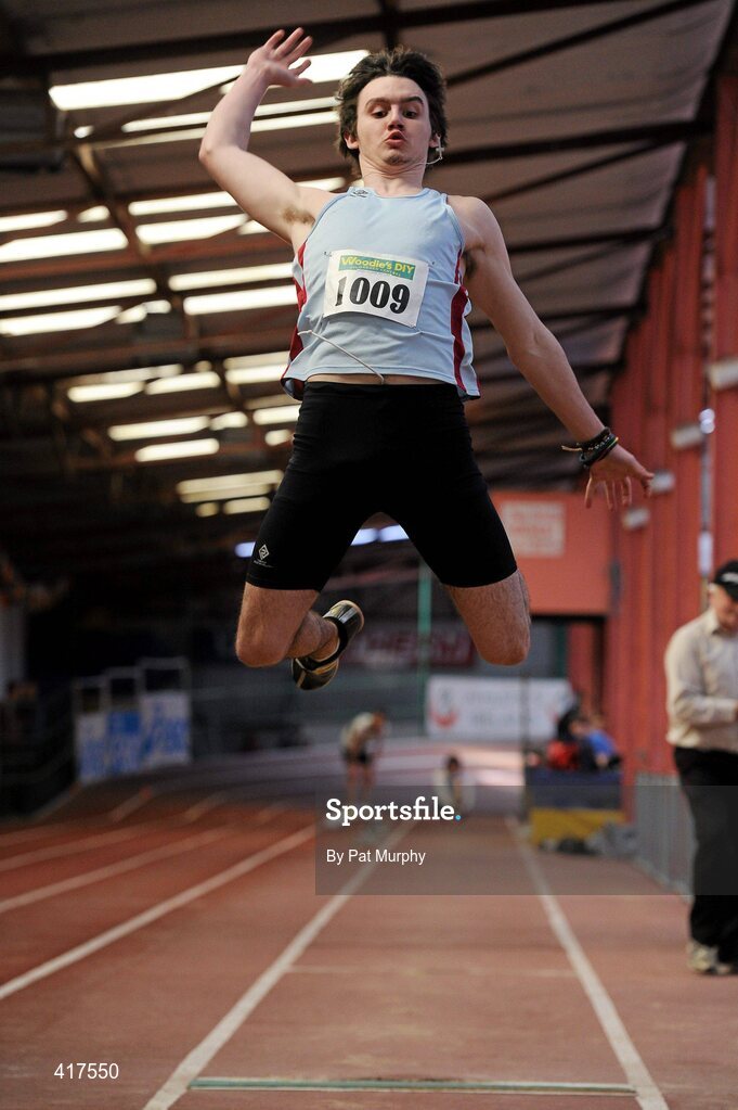 10 April 2010; Ciaran Dolan from St. Michaels Enniskillen AC, on his way to winning the U19 Boys Long Jump. Woodie's DIY Juvenile Indoor Championships, Nenagh Indoor Arena, Nenagh, Co. Tipperary. Picture credit: Pat Murphy / SPORTSFILE