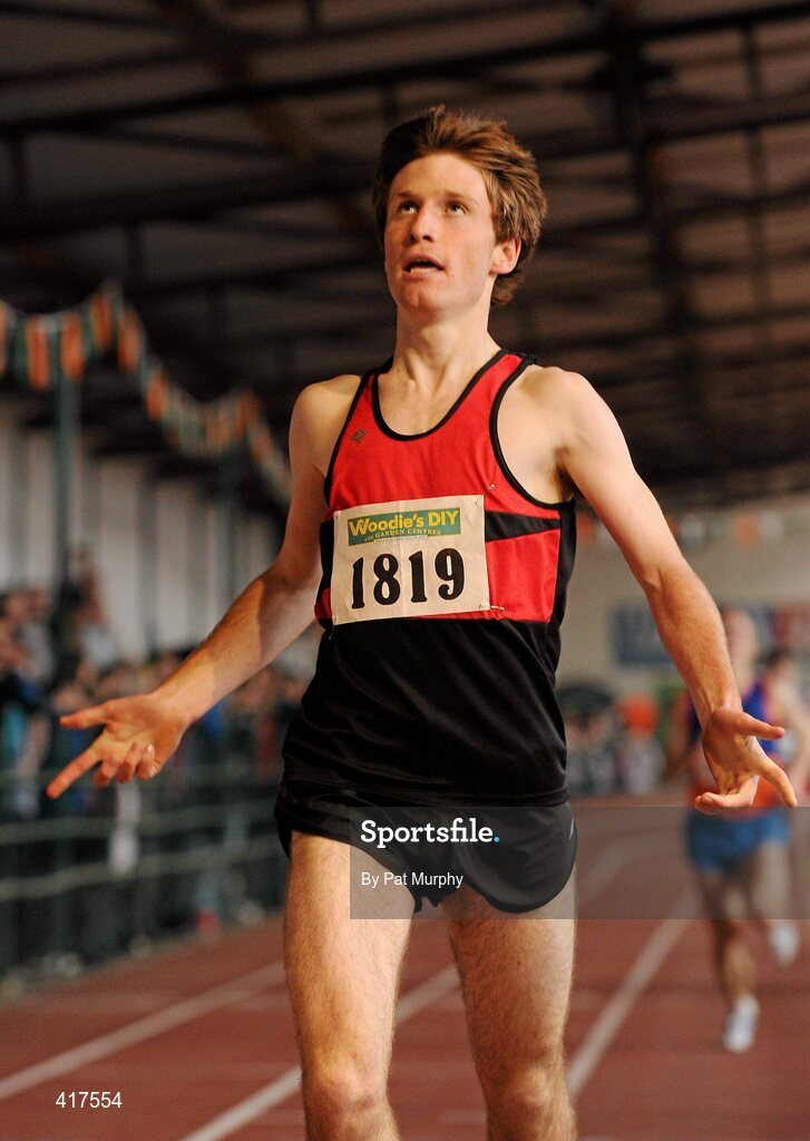 10 April 2010; Cathal Daly from Inbhear Dee AC crosses the finish line to win the U19 Boys 800m. Woodie's DIY Juvenile Indoor Championships, Nenagh Indoor Arena, Nenagh, Co. Tipperary. Picture credit: Pat Murphy / SPORTSFILE