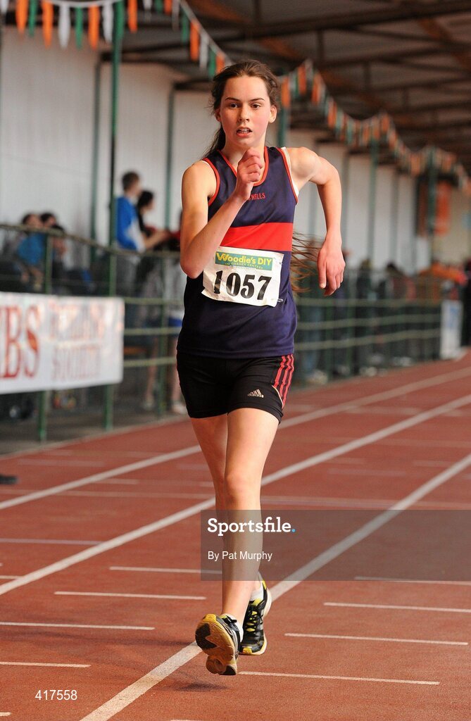 10 April 2010; Alicia Boylan from County Monaghan AC crosses the finish line to win the U16 Girls 1500m Walk. Woodie's DIY Juvenile Indoor Championships, Nenagh Indoor Arena, Nenagh, Co. Tipperary. Picture credit: Pat Murphy / SPORTSFILE