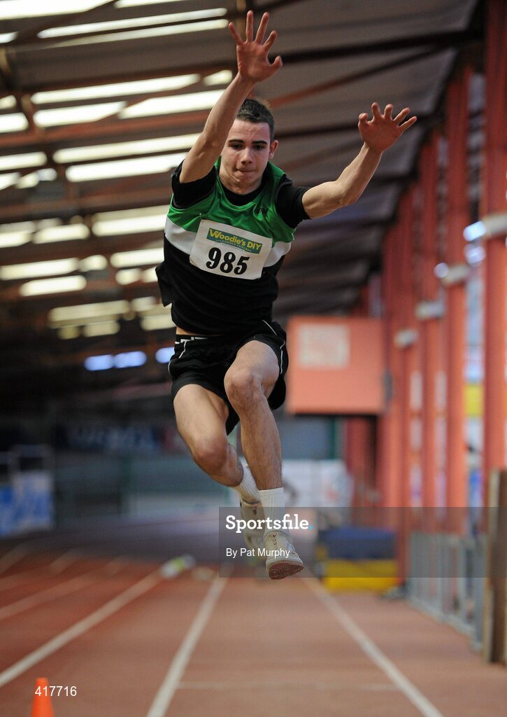 10 April 2010; Matthew Taggart, from Ballymena and Antrim AC, during the U18 Boys Long Jump. Woodie's DIY Juvenile Indoor Championships, Nenagh Indoor Arena, Nenagh, Co. Tipperary. Picture credit: Pat Murphy / SPORTSFILE