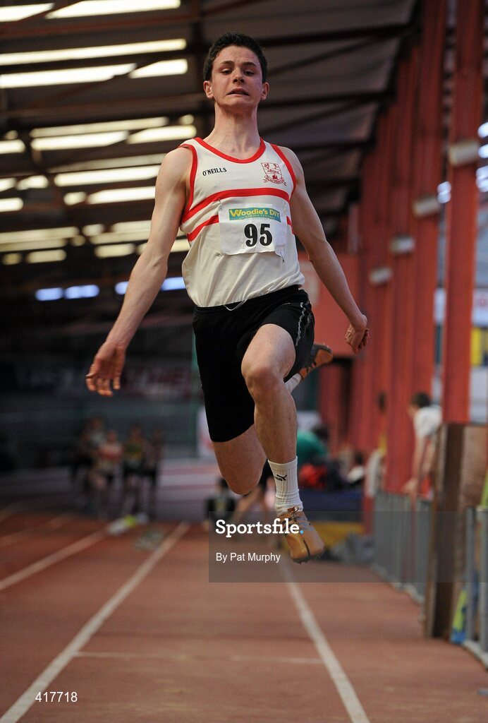 10 April 2010; David Healy, from Ballina AC, during the U19 Boys Long Jump. Woodie's DIY Juvenile Indoor Championships, Nenagh Indoor Arena, Nenagh, Co. Tipperary. Picture credit: Pat Murphy / SPORTSFILE