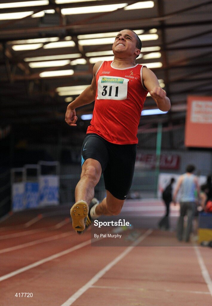 10 April 2010; Nathan Jege, from Dooneen AC, during the U19 Boys Long Jump. Woodie's DIY Juvenile Indoor Championships, Nenagh Indoor Arena, Nenagh, Co. Tipperary. Picture credit: Pat Murphy / SPORTSFILE