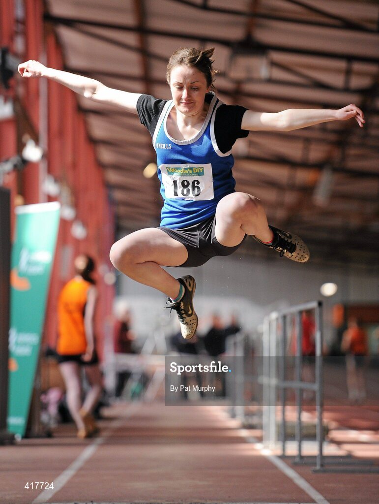 10 April 2010; Catriona Mullahey, from Claremorris AC, during the U19 Girls Long Jump. Woodie's DIY Juvenile Indoor Championships, Nenagh Indoor Arena, Nenagh, Co. Tipperary. Picture credit: Pat Murphy / SPORTSFILE