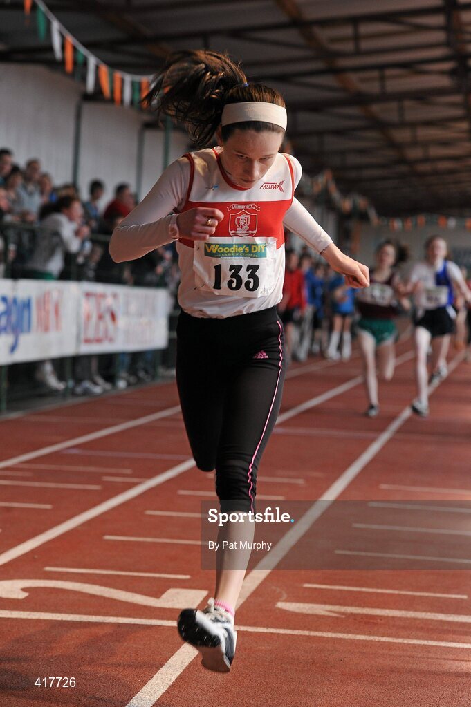 10 April 2010; Alanna Lally, from Galway City Harriers AC, crosses the finish line to win the U15 Girls 800m. Woodie's DIY Juvenile Indoor Championships, Nenagh Indoor Arena, Nenagh, Co. Tipperary. Picture credit: Pat Murphy / SPORTSFILE
