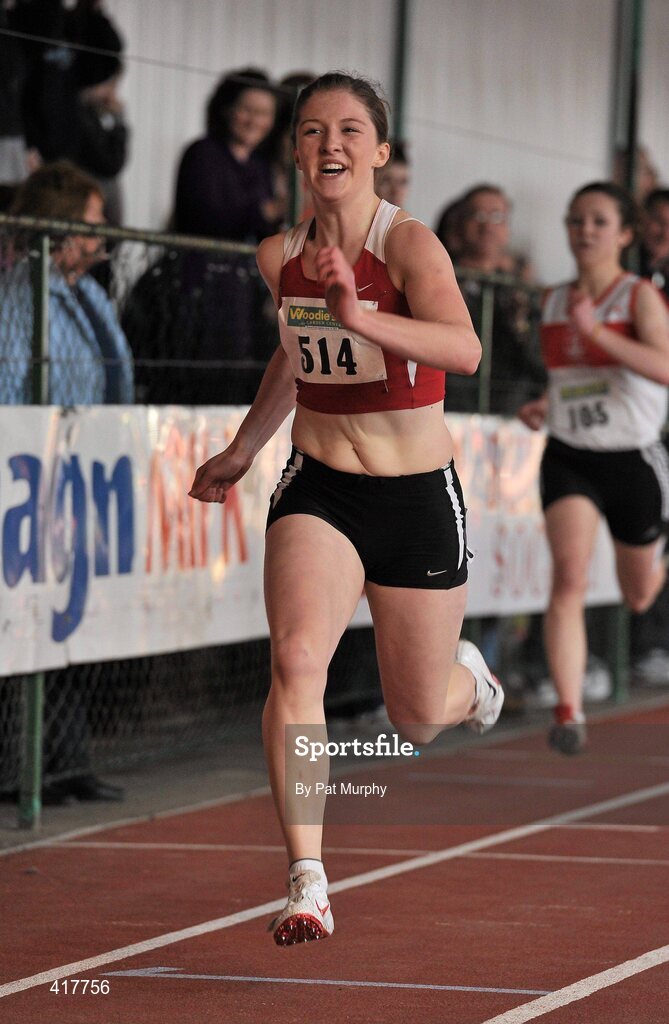 10 April 2010; Sarah Murray, from Fingallians AC, wins the U18 Girls 200m. Woodie's DIY Juvenile Indoor Championships, Nenagh Indoor Arena, Nenagh, Co. Tipperary. Picture credit: Pat Murphy / SPORTSFILE