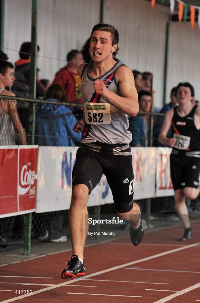 10 April 2010; Joseph Dowling, from Dundrum South Dublin, wins the U18 Boys 200m. Woodie's DIY Juvenile Indoor Championships, Nenagh Indoor Arena, Nenagh, Co. Tipperary. Picture credit: Pat Murphy / SPORTSFILE
