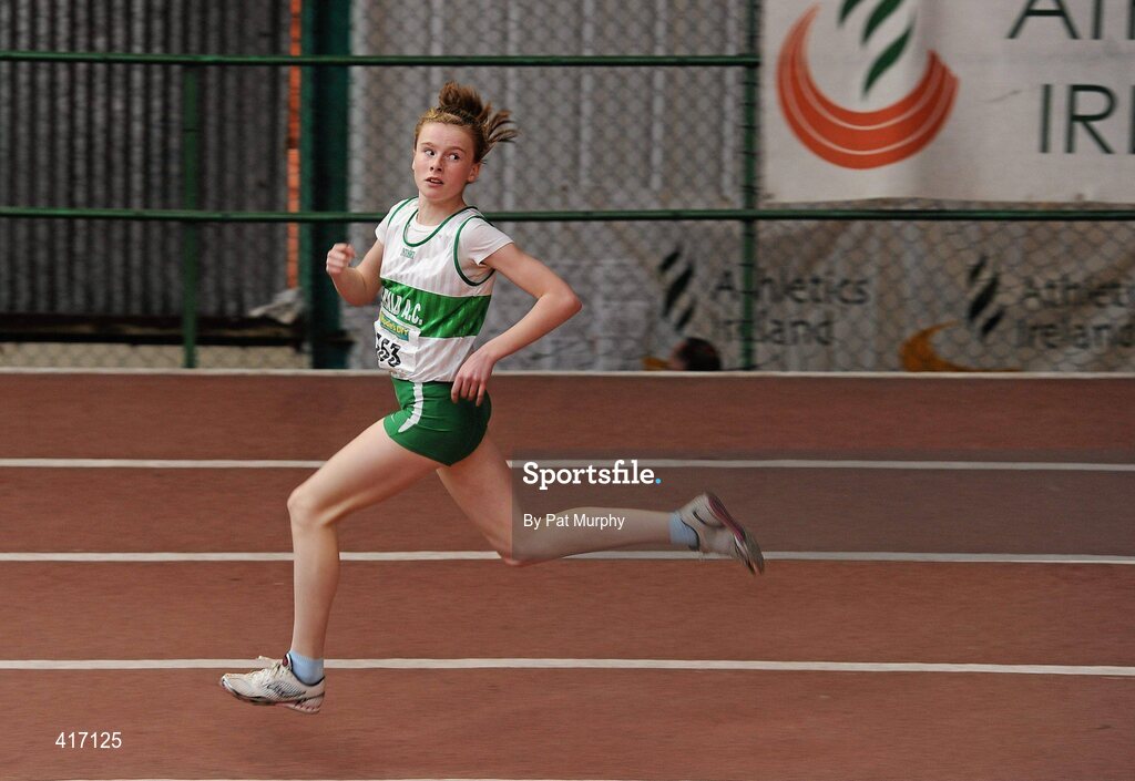 10 April 2010; Jenna Bromell, from Emerald AC, checks over her shoulder during the final lap on her way to winning the U14 Girls 800m. Woodie's DIY Juvenile Indoor Championships, Nenagh Indoor Arena, Nenagh, Co. Tipperary. Picture credit: Pat Murphy / SPORTSFILE