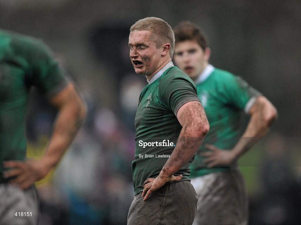 4 February 2010; A dejected Patrick Lavelle, Gonzaga College SJ, after the final whistle. Leinster Schools Senior Cup 1st Round, Gonzaga College SJ v Castleknock College, Stradbrook Road, Blackrock, Co. Dublin. Picture credit: Brian Lawless / SPORTSFILE