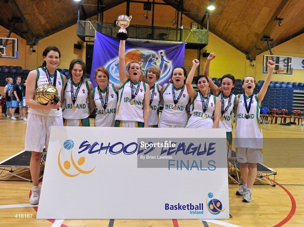 25 March 2010; The St Mary's College team celebrate with the cup. U19C Girls - All-Ireland Schools League Finals 2010, St Mary's College, Arklow v Stella Maris Secondary School, Waterford, National Basketball Arena, Tallaght, Dublin. Picture credit: Brian Lawless / SPORTSFILE