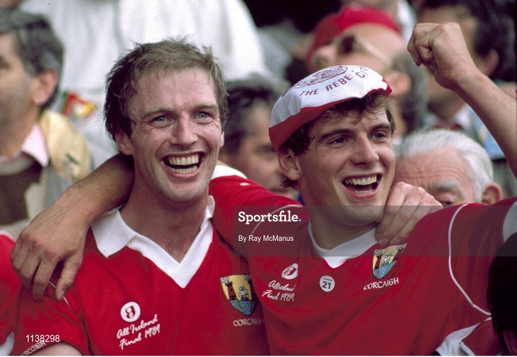 17 September 1989; Cork players, Larry Tompkins, left, and John O'Driscoll, celebrate on the steps of the Hogan Stand after the game. Cork v Mayo, All-Ireland Football Final, Croke Park, Dublin. Picture credit; Ray McManus / SPORTSFILE