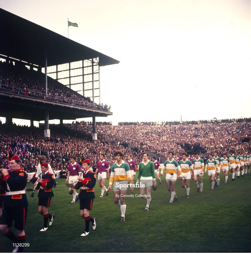 26 September 1971; The Offaly and Galway teams during the parade before the All-Ireland Senior Football Championship final match between Offaly and Galway at Croke Park, Dublin. Photo by Connelly Collection/Sportsfile