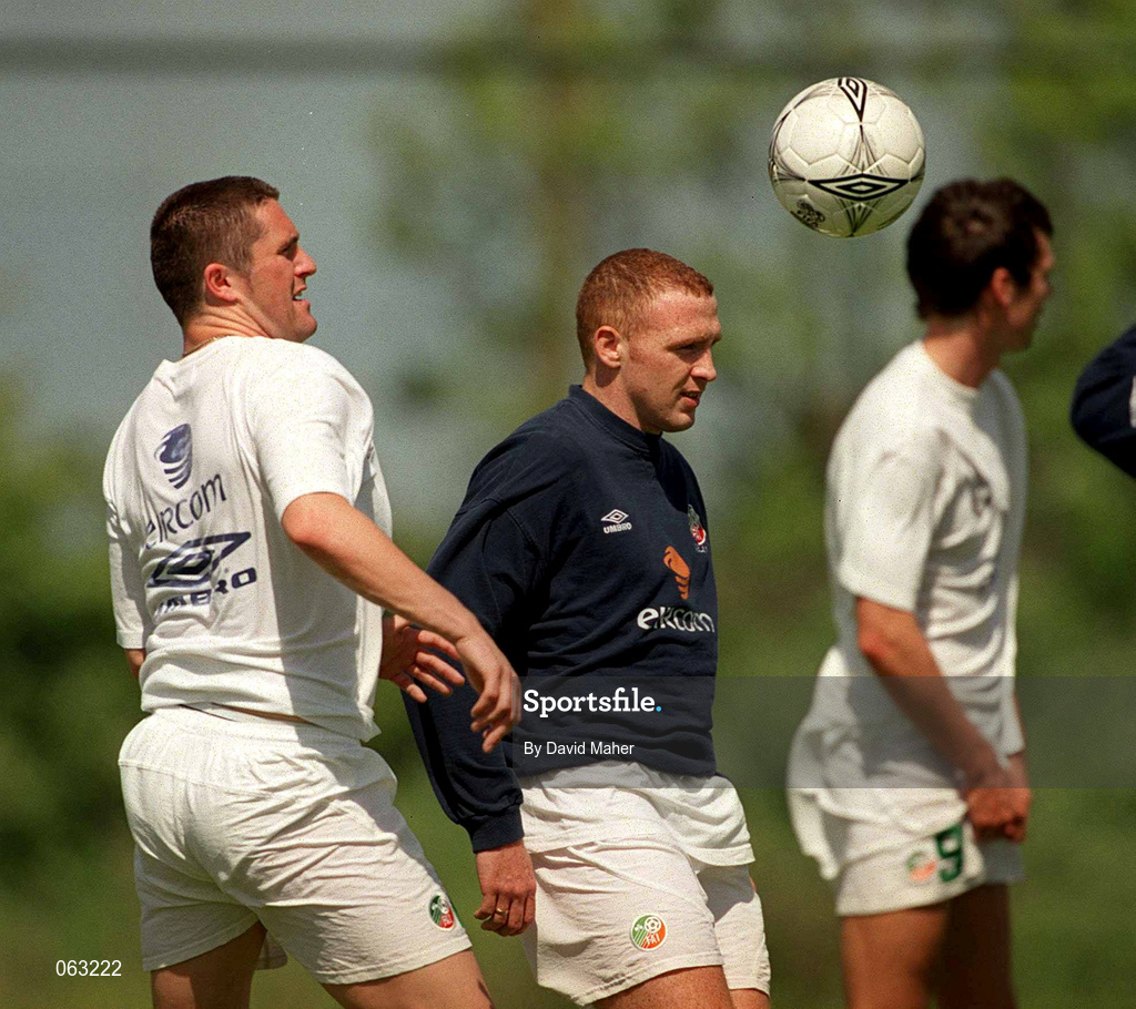 29 May 2001; Bohemians striker Glen Crowe and Robbie Keane during a Republic of Ireland Training Session at AUL grounds in Clonshaugh, Dublin. Photo by David Maher/Sportsfile
