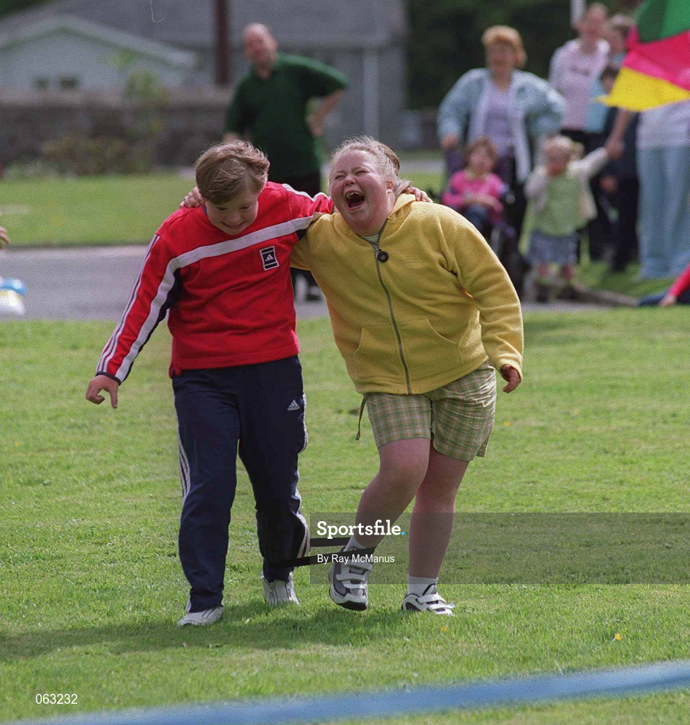 29 May 2001; Linda McGee, left, and Cassandra Farrell competing in the Three-Legged Race during the St Christopher's Day Centre Sports Day at St Christopher's Day Centre in Longford. Photo by Ray McManus/Sportsfile