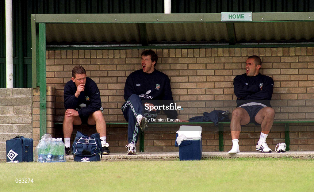 31 May 2001; Players, from left, Kenny Cunningham and Stephen Carr, who did not take part in training, during a Republic of Ireland Training Session at John Hyland Park in Baldonnell, Dublin. Photo by Damien Eagers/Sportsfile