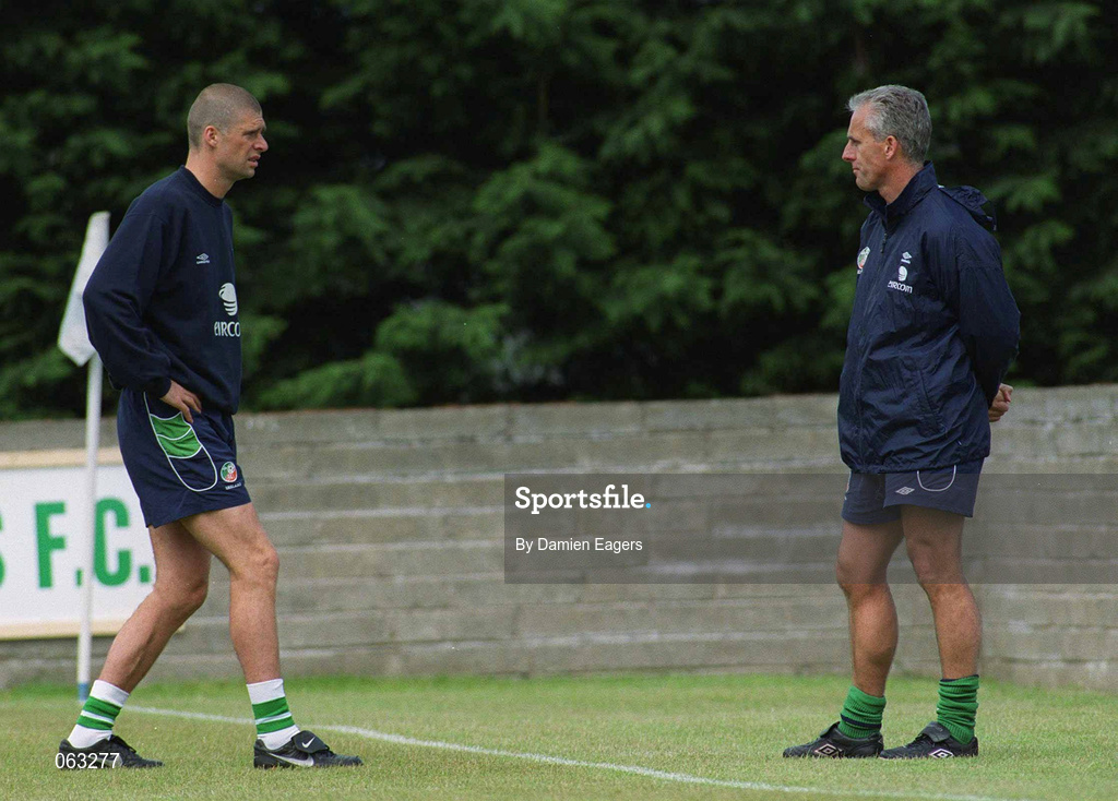 31 May 2001; Manager Mick McCarthy, right, and Niall Quinn during a Republic of Ireland Training Session at John Hyland Park in Baldonnell, Dublin. Photo by Damien Eagers/Sportsfile