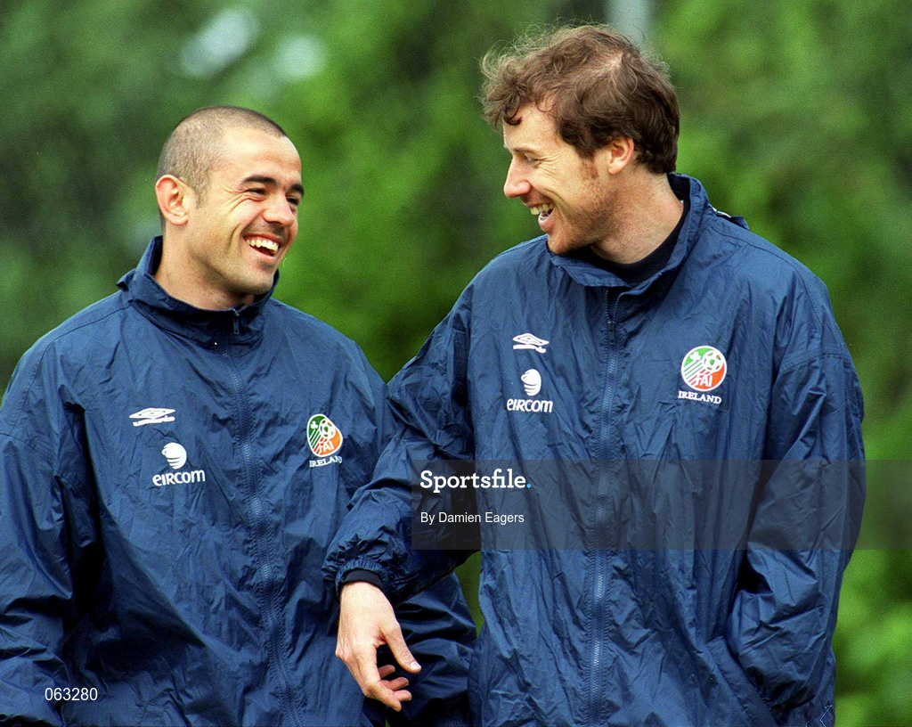 31 May 2001; Stephen Carr, left, and Kenny Cunnigham during a Republic of Ireland Training Session at John Hyland Park in Baldonnell, Dublin. Photo by Damien Eagers/Sportsfile