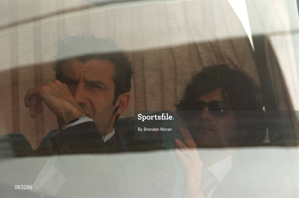 31 May 2001; Luis Figo, left, and Fernando Couto of Portugal onboard the team bus at Dublin airport prior to the FIFA World Cup 2002 Group 2 Qualifier match against the Republic of Ireland in Lansdowne Road in Dublin. Photo by Brendan Moran/Sportsfile