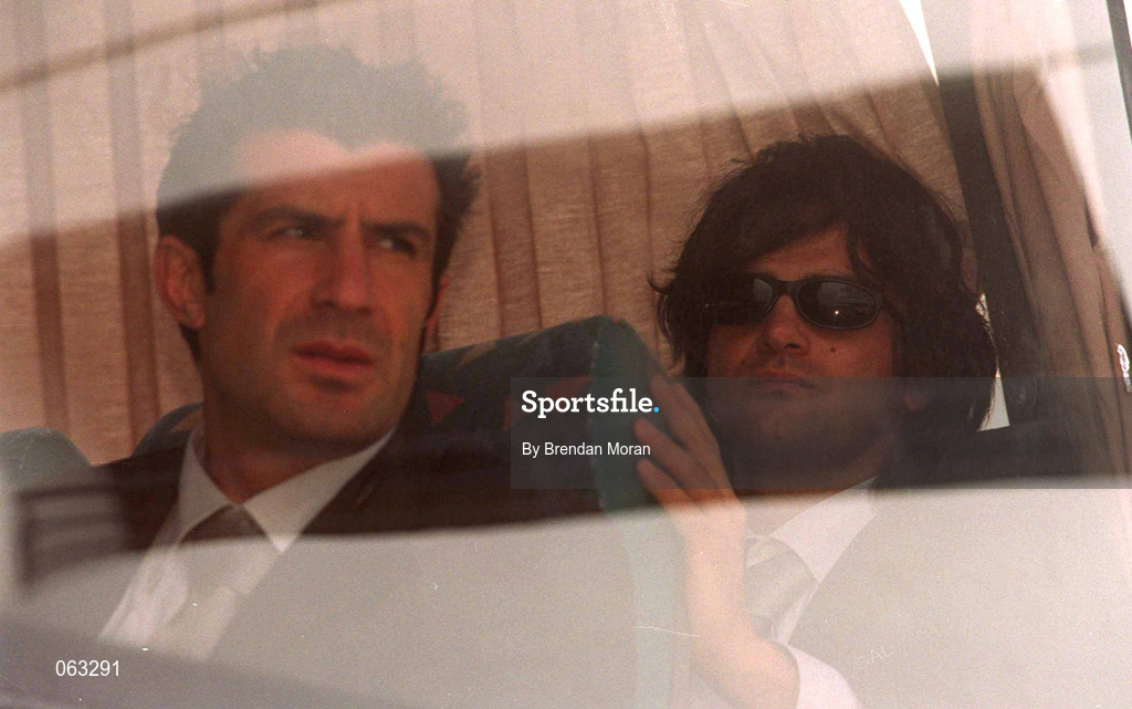 31 May 2001; Luis Figo, left, and Fernando Couto of Portugal onboard the team bus at Dublin airport prior to the FIFA World Cup 2002 Group 2 Qualifier match against the Republic of Ireland in Lansdowne Road in Dublin. Photo by Brendan Moran/Sportsfile