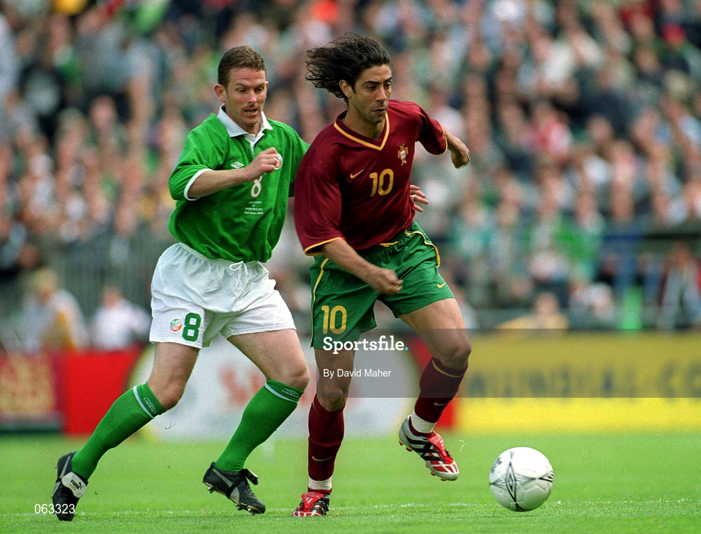 2 June 2001; Rui Costa of Portugal in action against Mark Kinsella of Republic of Ireland during the FIFA World Cup 2002 Group 2 Qualifier match between Republic of Ireland and Portugal at Lansdowne Road in Dublin. Photo by David Maher/Sportsfile
