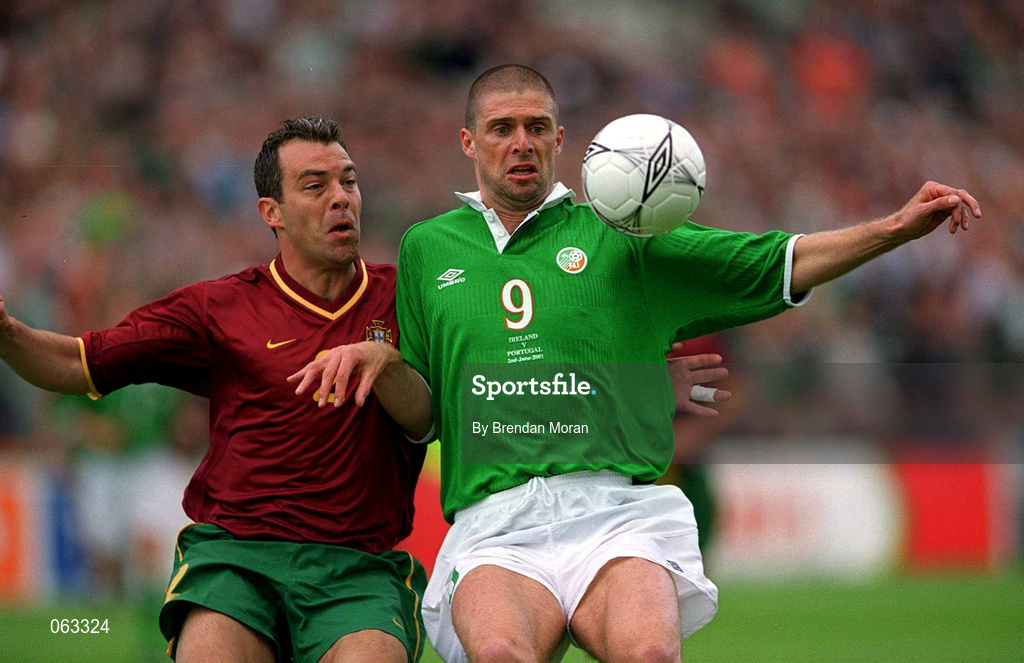2 June 2001; Jorge Costa of Portugal in action against Niall Quinn of Republic of Ireland during the FIFA World Cup 2002 Group 2 Qualifier match between Republic of Ireland and Portugal at Lansdowne Road in Dublin. Photo by Brendan Moran/Sportsfile