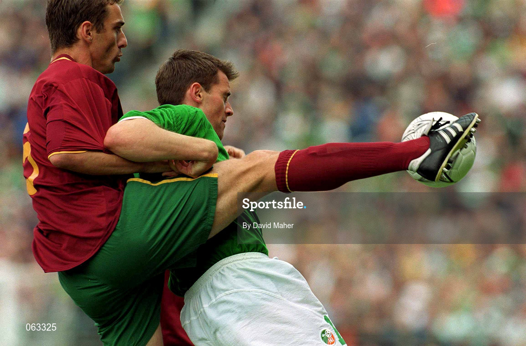 2 June 2001; Kevin Kilbane of Republic of Ireland in action against Carlos Nagauros of Portugal during the FIFA World Cup 2002 Group 2 Qualifier match between Republic of Ireland and Portugal at Lansdowne Road in Dublin. Photo by David Maher/Sportsfile