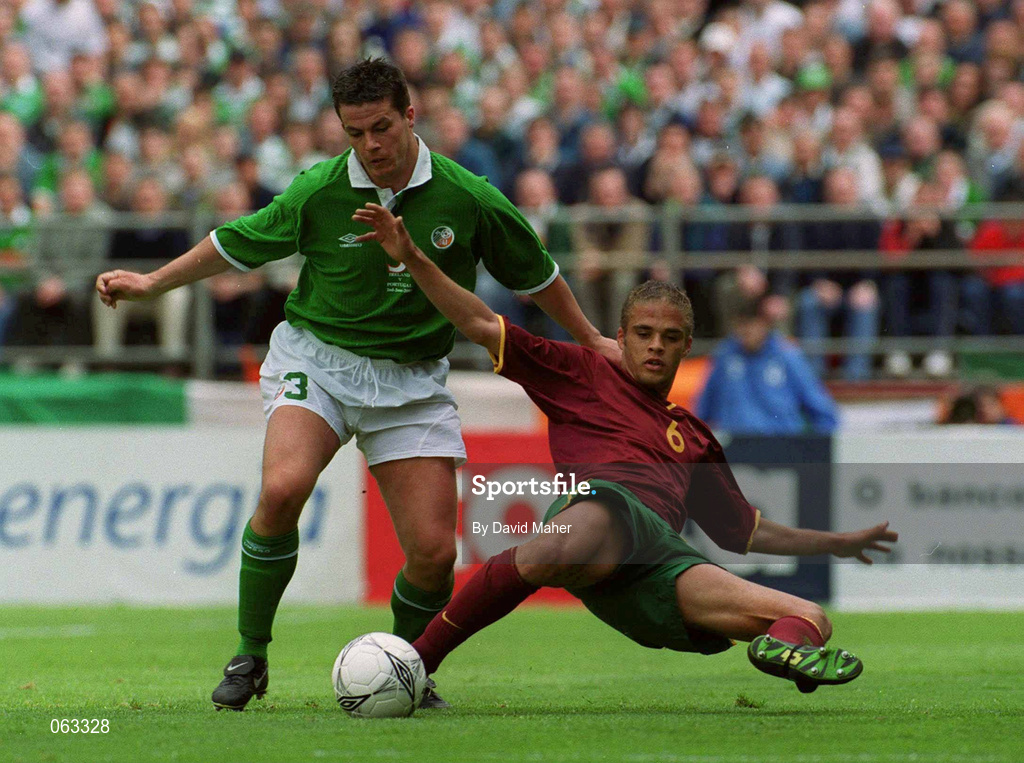 2 June 2001; Ian Harte of Republic of Ireland is tackled by Nuno Miguel of Portugal during the FIFA World Cup 2002 Group 2 Qualifier match between Republic of Ireland and Portugal at Lansdowne Road in Dublin. Photo by David Maher/Sportsfile