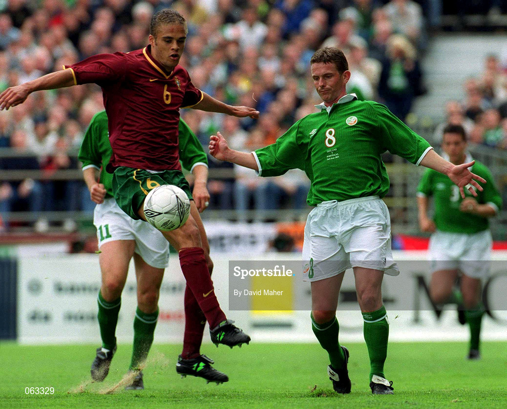 2 June 2001; Mark Kinsella of Republic of Ireland is tackled by Nuno Miguel Frechaut of Portugal during the FIFA World Cup 2002 Group 2 Qualifier match between Republic of Ireland and Portugal at Lansdowne Road in Dublin. Photo by David Maher/Sportsfile