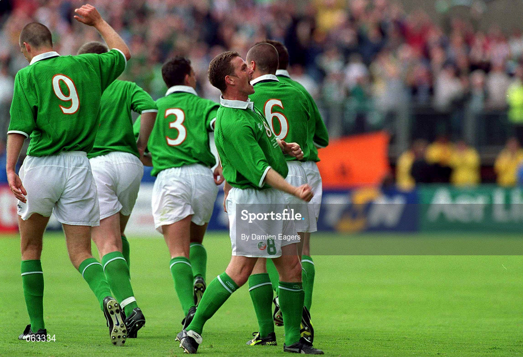 2 June 2001; Mark Kinsella celebrates his side's first goal, scored by Republic of Ireland team-mate Roy Keane, during the FIFA World Cup 2002 Group 2 Qualifier match between Republic of Ireland and Portugal at Lansdowne Road in Dublin. Photo by Damien Eagers/Sportsfile