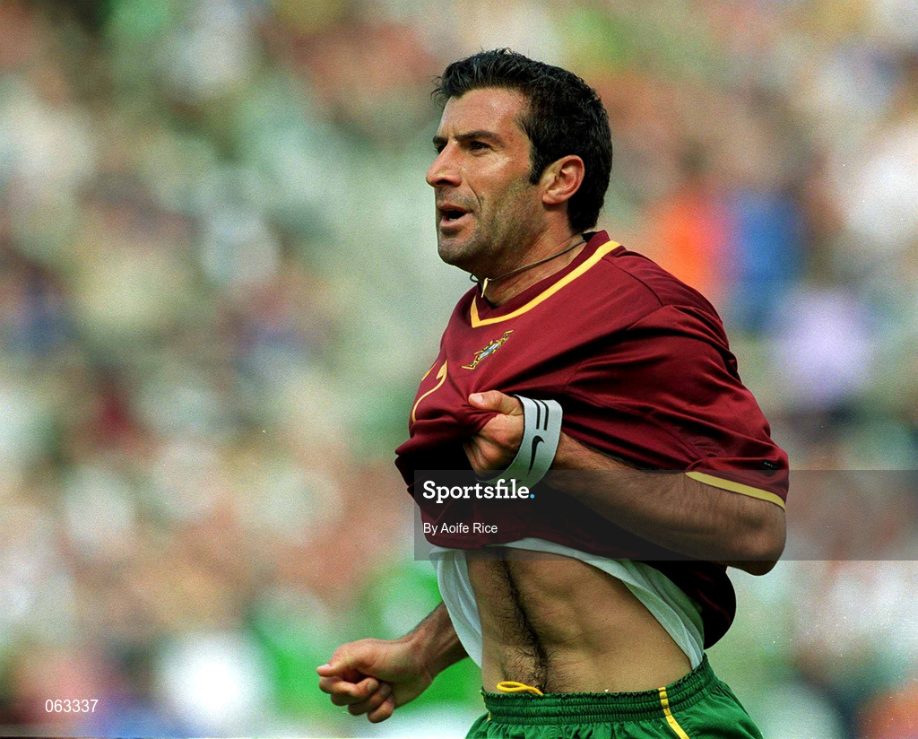 2 June 2001; Luis Figo of Portugal celebrates after scoring his side's first goal during the FIFA World Cup 2002 Group 2 Qualifier match between Republic of Ireland and Portugal at Lansdowne Road in Dublin. Photo by Aoife Rice/Sportsfile