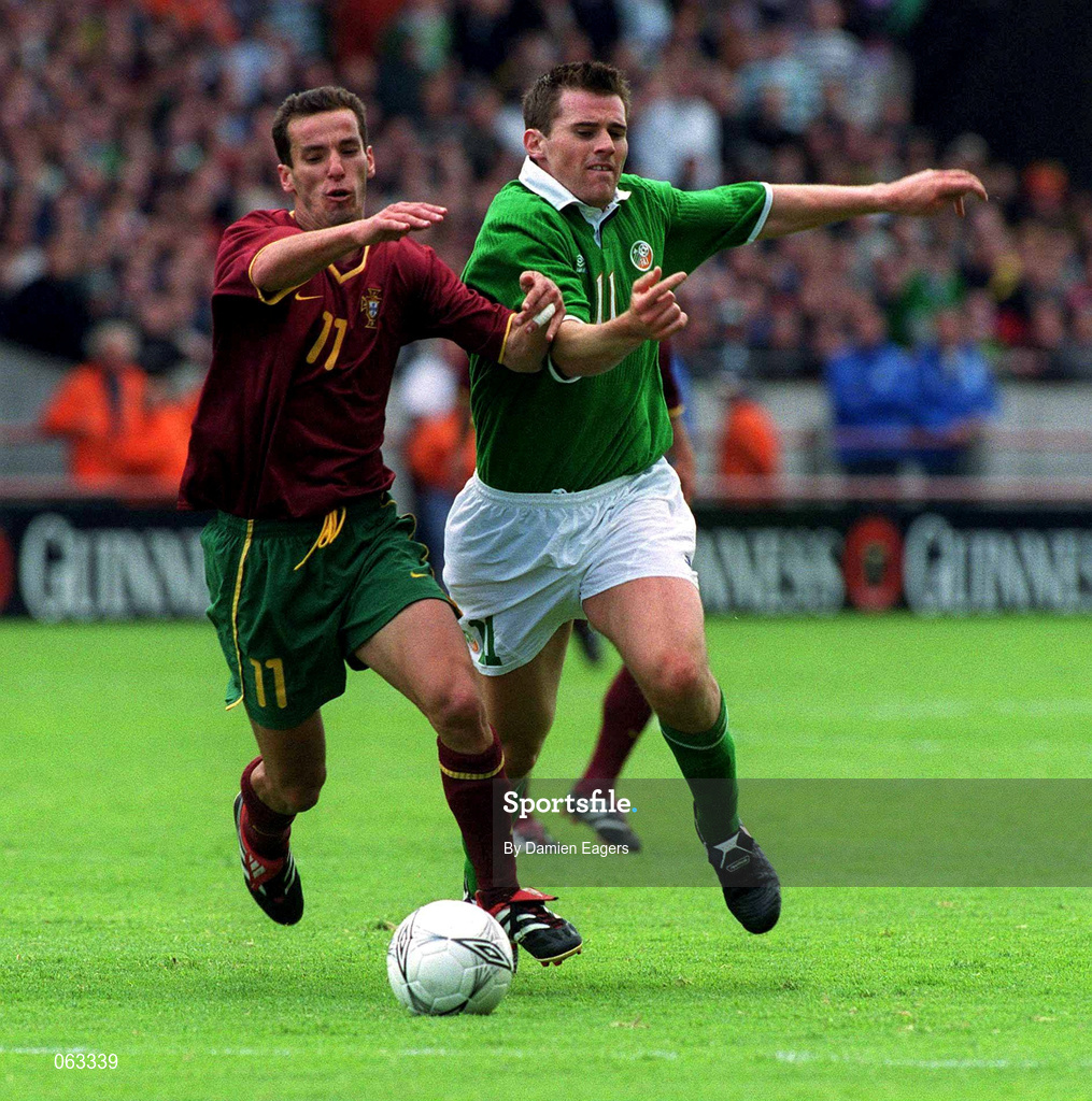 2 June 2001; Armando Petit of Portugal in action against Kevin Kilbane of Republic of Ireland during the FIFA World Cup 2002 Group 2 Qualifier match between Republic of Ireland and Portugal at Lansdowne Road in Dublin. Photo by Damien Eagers/Sportsfile