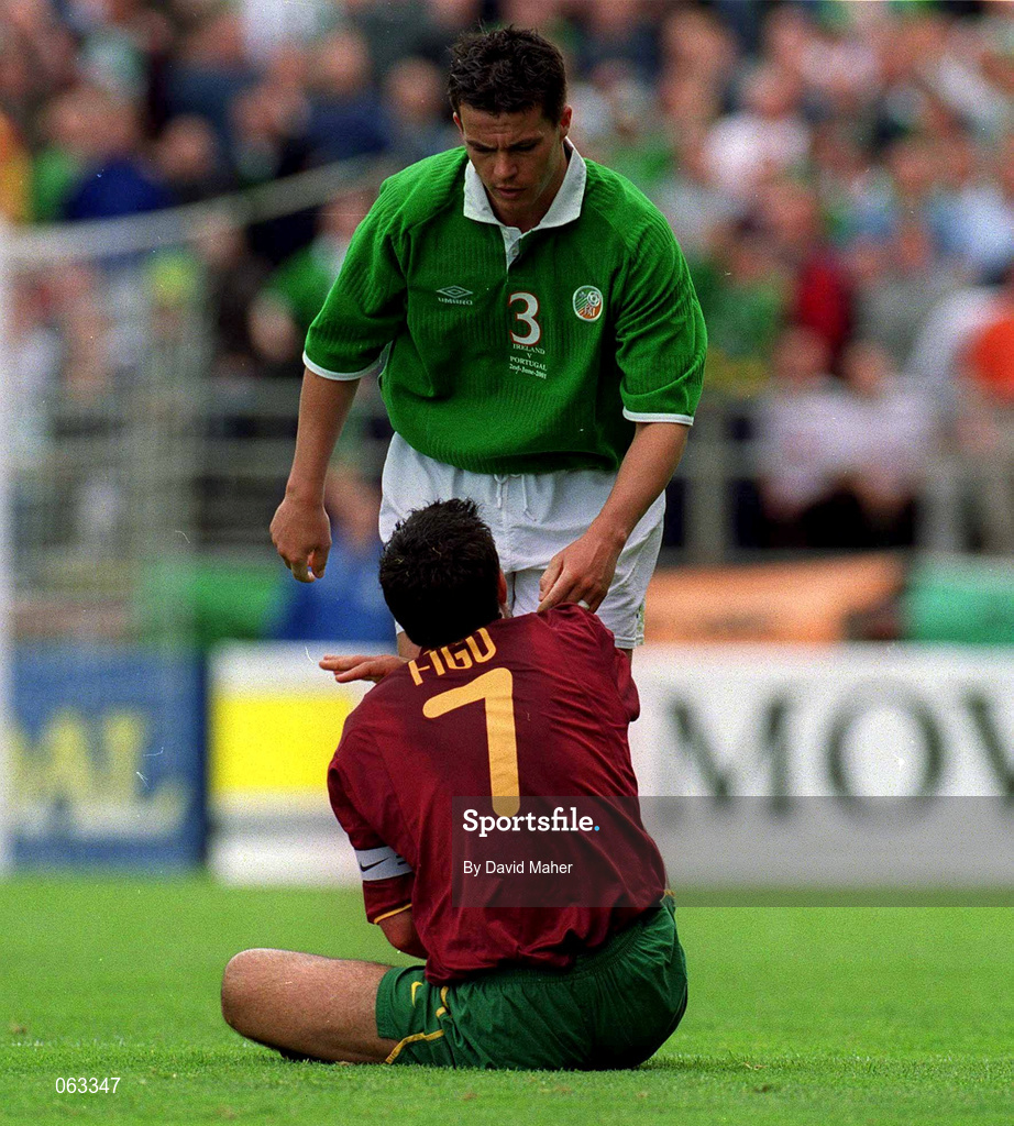 2 June 2001; Ian Harte of Republic of Ireland confronts Luis Figo of Portugal during the FIFA World Cup 2002 Group 2 Qualifier match between Republic of Ireland and Portugal at Lansdowne Road in Dublin. Photo by David Maher/Sportsfile