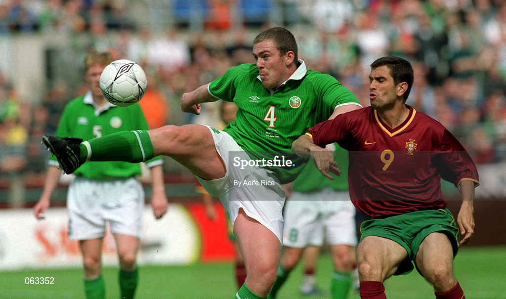 2 June 2001; Richard Dunne of Republic of Ireland is put under pressure from Pedro Rejendes of Portugal during the FIFA World Cup 2002 Group 2 Qualifier match between Republic of Ireland and Portugal at Lansdowne Road in Dublin. Photo by Aoife Rice/Sportsfile