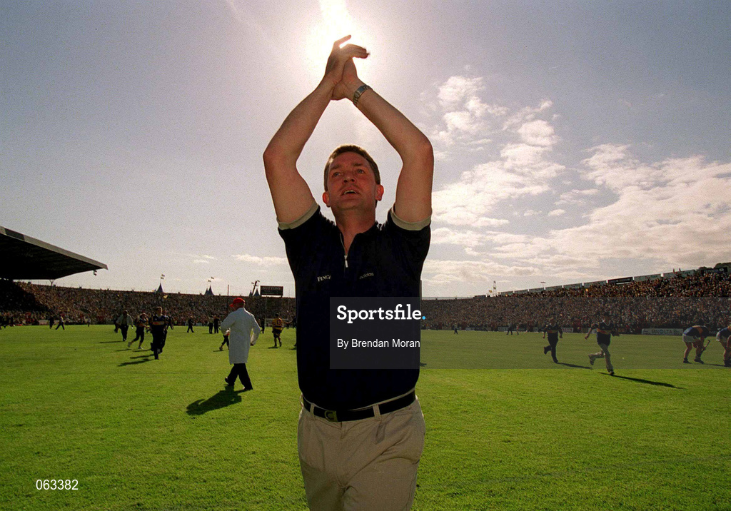 3 June 2001; Tipperary manager Nicky English celebrates at the final whistle following his side's victory in the Guinness Munster Senior Hurling Championship Semi-Final match between Tipperary and Clare at Páirc Uí Chaoimh in Cork. Photo by Brendan Moran/Sportsfile