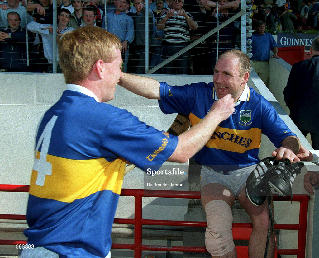3 June 2001; John Leahy of Tipperary, right, celebrates with team-mate Declan Ryan at the final whistle following his side's victory in the Guinness Munster Senior Hurling Championship Semi-Final match between Tipperary and Clare at Páirc Uí Chaoimh in Cork. Photo by Brendan Moran/Sportsfile