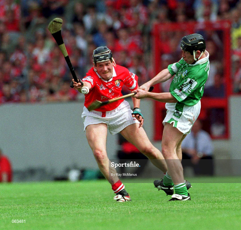 27 May 2001; James Butler of Limerick in action against John Browne of Cork during the Guinness Munster Senior Hurling Championship Quarter-Final match between Cork and Limerick at Páirc Uí Chaoimh in Cork. Photo by Ray McManus/Sportsfile