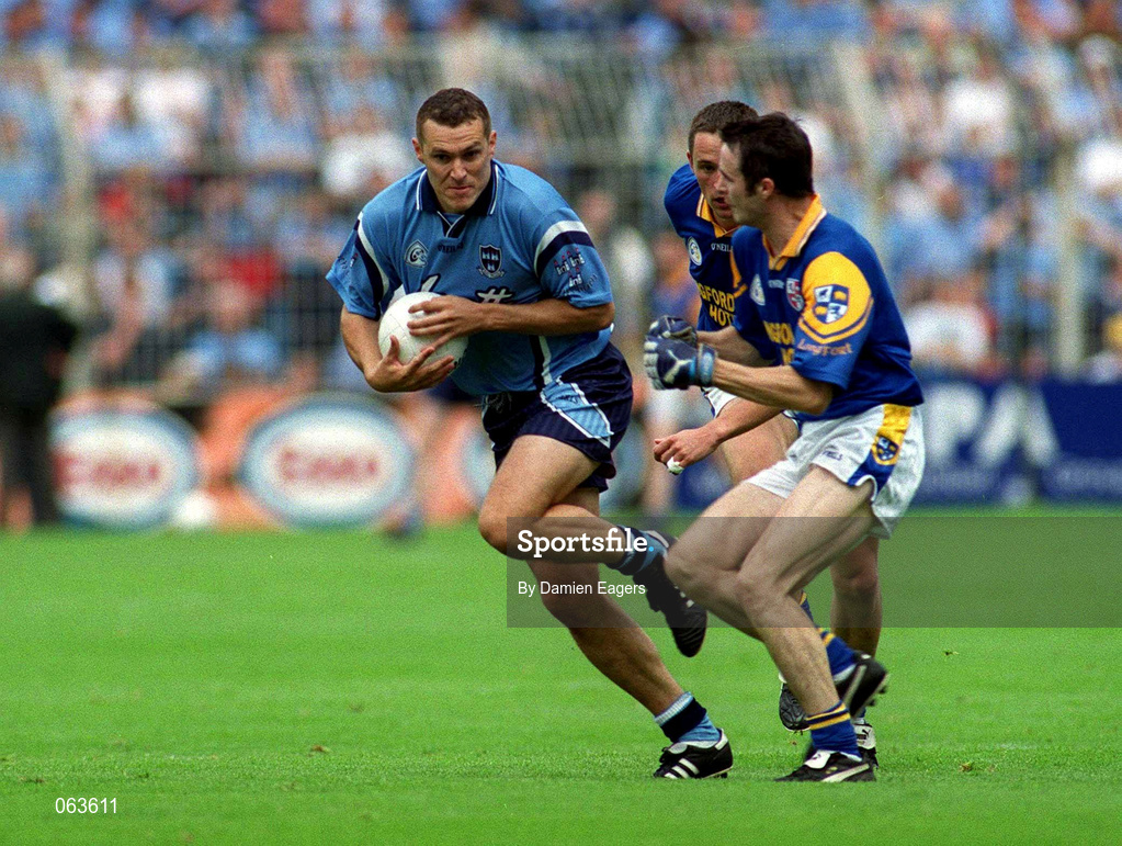 27 May 2001; Ciaran Whelan of Dublin in action against David Hannify of Longford during the Bank of Ireland Leinster Senior Football Championship Quarter-Final match between Dublin and Longford at Croke Park in Dublin. Photo by Damien Eagers/Sportsfile
