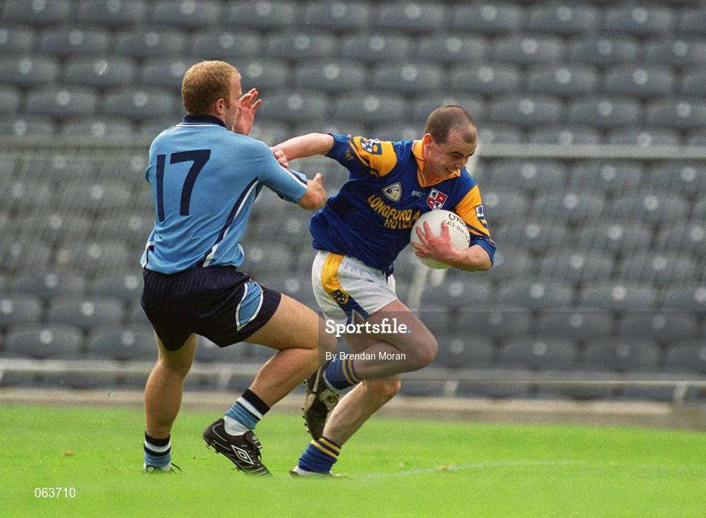 27 May 2001; Padraig Davis of Longford is tackled by Shane Ryan of Dublin during the Bank of Ireland Leinster Senior Football Championship Quarter-Final match between Dublin and Longford at Croke Park in Dublin. Photo by Brendan Moran/Sportsfile