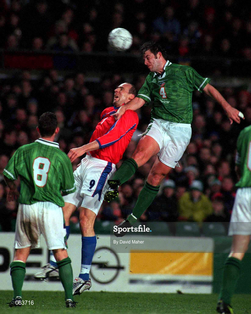 23 February 2000; Paul Butler of Republic of Ireland in action against Jan Koller of Czech Republic during the International Friendly match between Republic of Ireland and Czech Republic at Lansdowne Road in Dublin. Photo by David Maher/Sportsfile