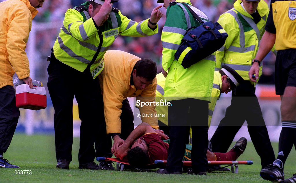 2 June 2001; Luis Figo of Portugal is attended to after receiving an injury during the FIFA World Cup 2002 Group 2 Qualifier match between Republic of Ireland and Portugal at Lansdowne Road in Dublin. Photo by David Maher/Sportsfile