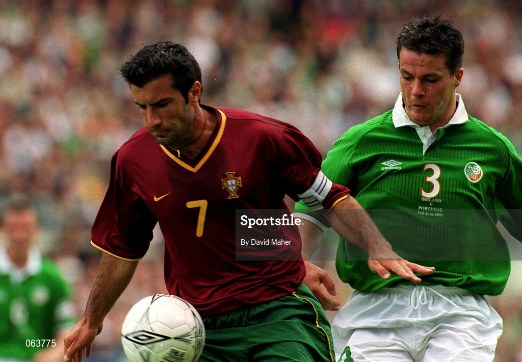 2 June 2001; Luis Figo of Portugal in action against Ian Harte of Republic of Ireland during the FIFA World Cup 2002 Group 2 Qualifier match between Republic of Ireland and Portugal at Lansdowne Road in Dublin. Photo by David Maher/Sportsfile