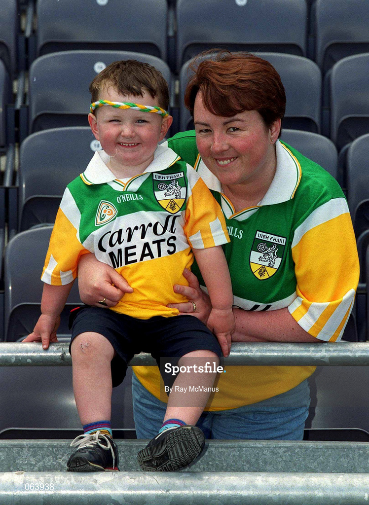 10 June 2001; Offaly supporters Jack Dempsey, age 2, and Caroline Dempsey, both from Edenderry, Offaly, ahead of the Guinness Leinster Senior Hurling Championship Semi-Final match between Kilkenny and Offaly at Croke Park in Dublin. Photo by Ray McManus/Sportsfile
