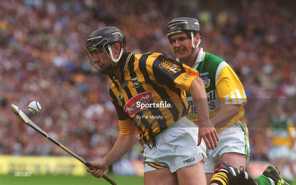 10 June 2001; Eddie Brennan of Kilkenny in action against Hubert Rigney of Offaly during the Guinness Leinster Senior Hurling Championship Semi-Final match between Kilkenny and Offaly at Croke Park in Dublin. Photo by Pat Murphy/Sportsfile