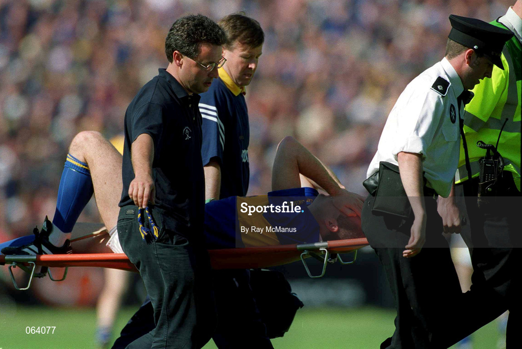 3 June 2001; John Leahy of Tipperary is stretchered off the field with a knee injury during the Guinness Munster Senior Hurling Championship Semi-Final match between Tipperary and Clare at Páirc Uí Chaoimh in Cork. Photo by Ray McManus/Sportsfile